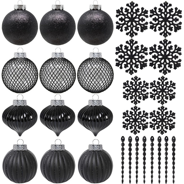 Чорні новорічні прикраси SLEETLY 28 шт. - кулі, льодинці, сніжинки. Стійкі до пошкоджень, пластикові
