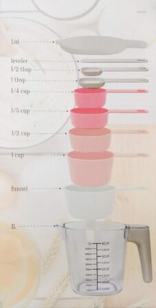 GK509W 10-Piece Nesting Measuring Cups and Spoons Set with a Scraper and Funnel Made of Plastic, Cooking, Baking, Kitchen Gadgets, BPA-Free, Dishwasher Safe, 10 Pieces (white)