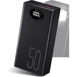 Портативний повербанк 50000 мАг з 5 виходами та 2 входами, швидка зарядка 22,5 Вт, ліхтарик, чорний