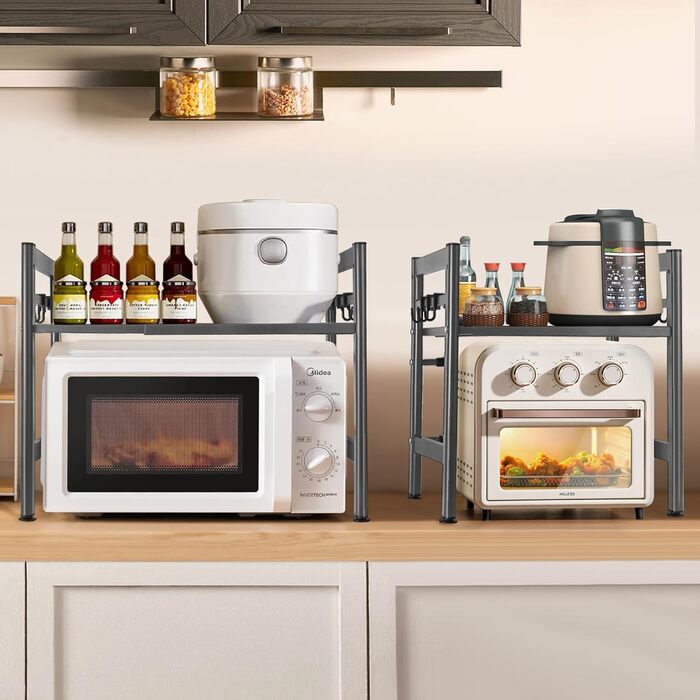 Підставка для мікрохвильової печі та кухонного обладнання з 6 гачками (сіра)