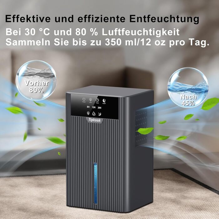 Електричний осушувач повітря Tipkook 2400 мл з автоматичним відтаненням, 10 кольорових світлодіодів, таймером 8/12/24 год, портативний для ванної, спальні, кухні, шафи, срільно-сірий