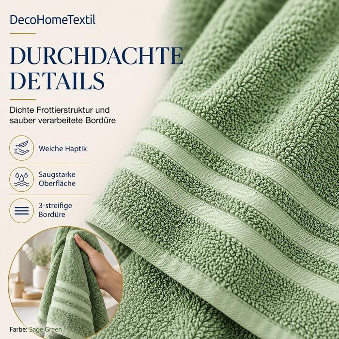 Набір рушників для рук DecoHomeTextil Eco (6 шт), 50x100 см, шавліковий зелений — екологічні, м'які та гігроскопічні махровий рушники