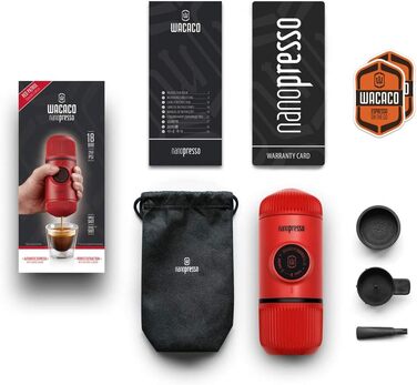 WACACO Nanopresso Portable Espresso Machine, Upgrade Version of Minipresso, 18 Bar Pressure, Small Travel Coffee Machine, Without Protective Case, Manual Operation, for Camping and Hiking (Red)
