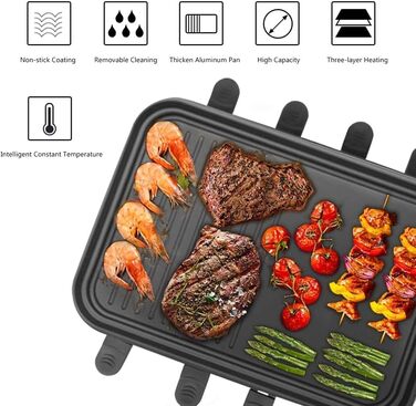 Raclette Grill for 8 People, Grill Plate with Non-Stick Coating, Raclette with 8 Mini Raclette Pans & 4 Wooden Spatulas, Continuously Adjustable Temperature, 1500W, Stainless Steel