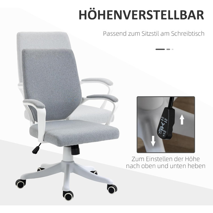 Офісний стіл Vinsetto: ергономічний крісло з підлокітниками, регульованою висотою та функцією гойдання, з тканини під льон, з м'яким сидінням, сірий та білий