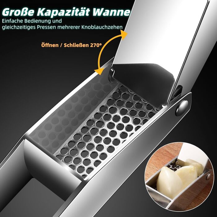 Прес для часнику та імбиру з нержавіючої сталі 18/8, велика чаша, не потребує очищення, стійкий до миття в посудомийній машині, гарантія 5 років