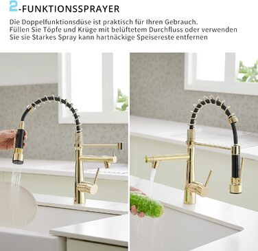 Змішувач кухонний LED з висувною насадкою, 360° поворот, 2 виходи, хром, для кухні, високий тиск, з підсвіткою, преміум-якість