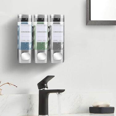 Настінний диспенсер для мила та гелю для душу з 3-ма камерами, 300 мл, ABS пластик, без свердління, для готелю та дому (срібний)