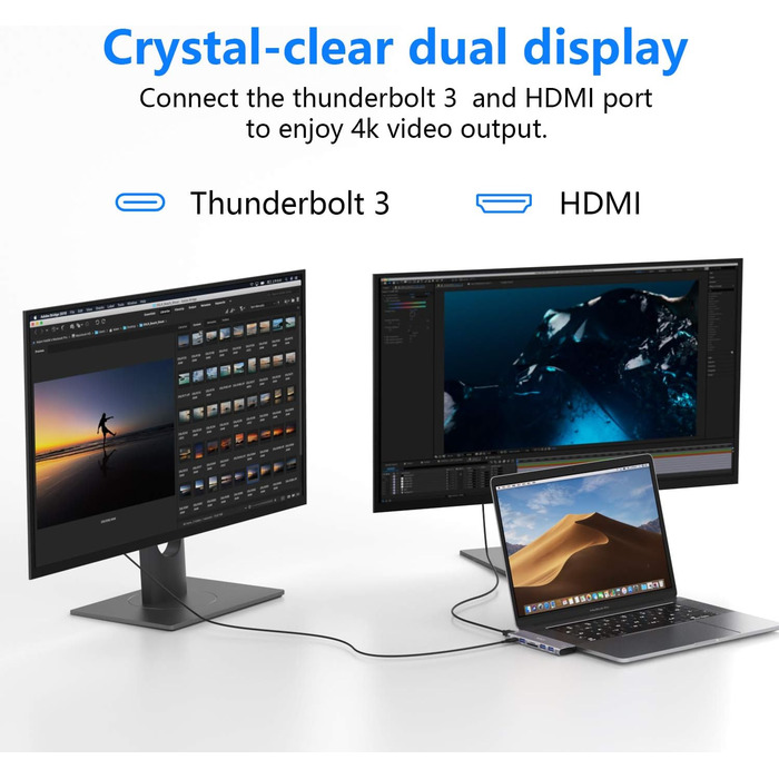 Док-станція USB-C з підтримкою 2 моніторів 4K, DisplayPort, USB3.1, RJ45, 100W PD, картрідер, аудіо/мікрофон, для ноутбуків Dell HP (7 в 2, сірий)