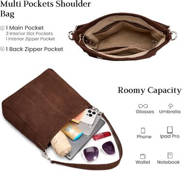 Жіноча сумка-шопер Befen з натуральної шкіри, м'яка сумка-хобо через плече, середній розмір з 2 ремінцями - класична елегантна (Коричнева замша)