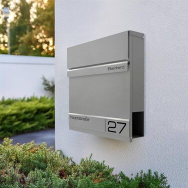 Поштова скринька Metzler Anthrazit RAL 7016 з газетницею та номером будинку, гравіювання імені лазером - сучасний вуличний поштовий ящик з табличкою, водонепроникний та стійкий до іржі | Модель Hermann (Ral9007 Graualuminium)