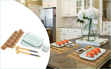 Набір для суші Exzact (10 шт.) – 2 тарілки, 2 миски для соусу, 2 підставки під столові прилади, 2 пари паличок для їжі – високоякісний фарфор, у подарунковій коробці – блакитний колір