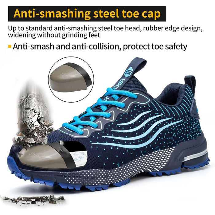 Черевики робочі чоловічі/жіночі, безпекові, спортивні, з металевим капаком, амортизуючі, протиковзкі, 43 EU, блакитні