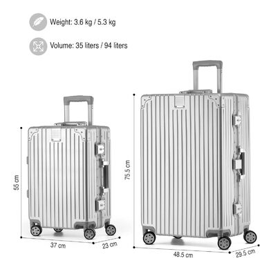 KOFA Zurich: Набір валіз 2 шт. (M-55см, XL-75см), алюмінієвий каркас, полікарбонатний корпус, ручна/здійснювана, спіннер з 4 колесами, TSA-замок, 35л + 94л (срібний)