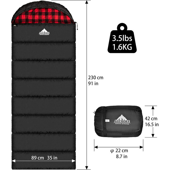 Cotton Flannel Sleeping Bag for Adults - 100% Cotton Liner Sleeping Bag for Camping, Hiking, Backpacking - Lightweight & Portable - 3-4 Season Warm Weather - Black/Red