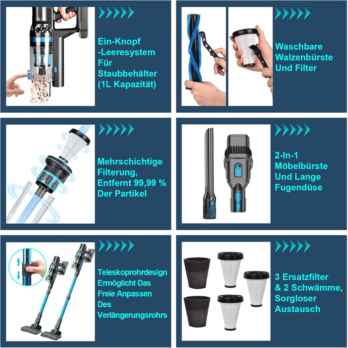 Бездротовий акумуляторний пилосос, потужний 70 хв/45KPA/550W з LED-дисплеєм, антизаплутуванням, детекцією бруду, для килимів, шерсті тварин та твердих поверхонь