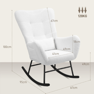 HOMCOM Rocking Chair, Rocking Armchair with Teddy Fabric Look, Armrests, Still Chair with Wooden Runners, Lumbar Pillow, Recliner with Side Pocket for Living Room, Bedroom, White | Aosom