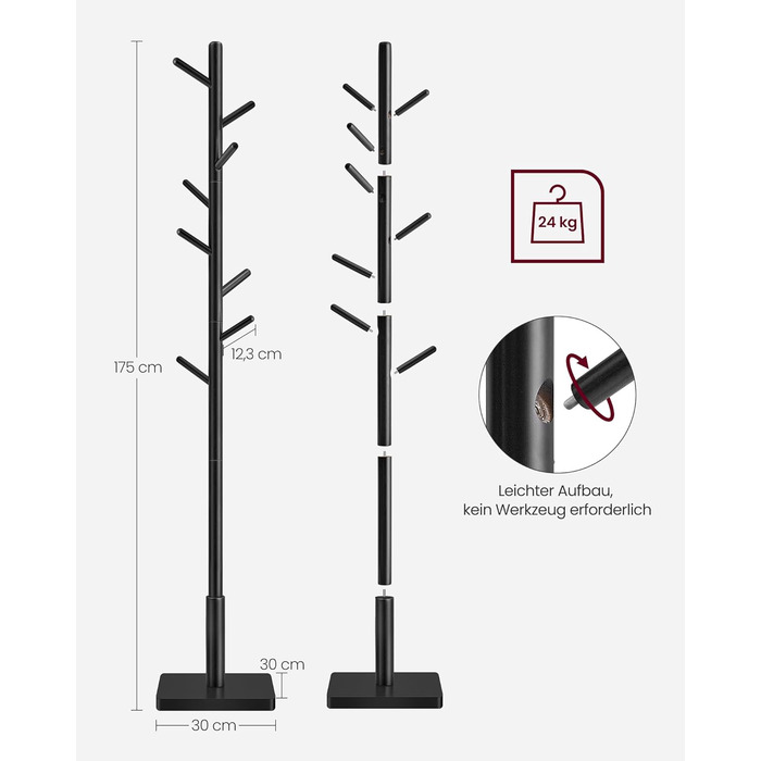 VASAGLE Coat Rack, Clothes Rack Solid Wood, Tree Shape Jacket Stand, 8 Hooks for Jackets, Hats, for Entryway, Hooks and Holding Rod made of Rubberwood, Cloud White RCR00W02 (Ink Black, 1)