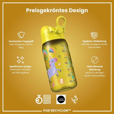 ion8 Insulated Stainless Steel Drinking Bottle 320 ml Leak-Proof One-Handed Opening Secure Locking Dishwasher-Safe Flip-Top Lid Carrying Handle Easy to Clean, Durable, Unicorn (Evo, Recyclon, Yellow)