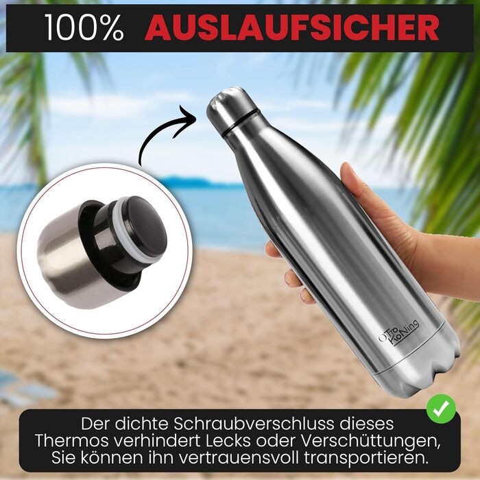 Термос-термопляшка з нержавіючої сталі Otto Koning, 1000 мл, подвійні стінки, вакуумна ізоляція, BPA-free, сріблястий