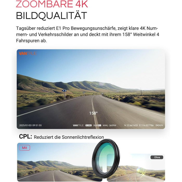 Відеореєстратор VANTRUE E1 Pro 4K HDR STARVIS: Автомобільний відеореєстратор з GPS, Wi-Fi, нічним баченням та паркувальним режимом