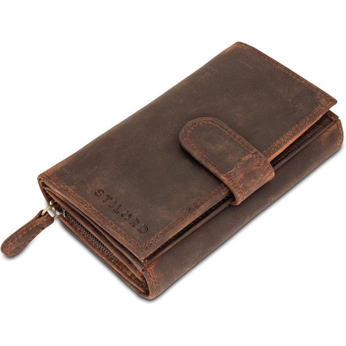 STILORD 'Elisa' Wallet for Women Brown Leather Large with Many Compartments and Zipper, Ladies Purse with RFID Protection, Women's Wallet with Extra Coin Pocket in Portrait Format, Genuine Leather