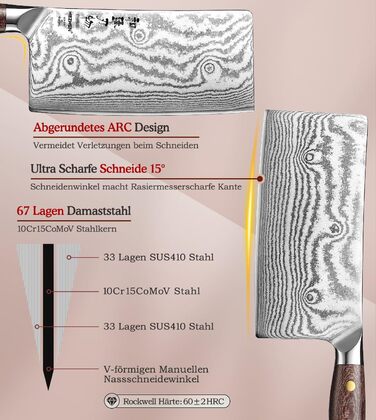 HEZHEN ніж кухарський 21 см дамаст 67 шарів, професійний ніж для кухні з дерев'яною піхвою, full tang ручка з Micarta