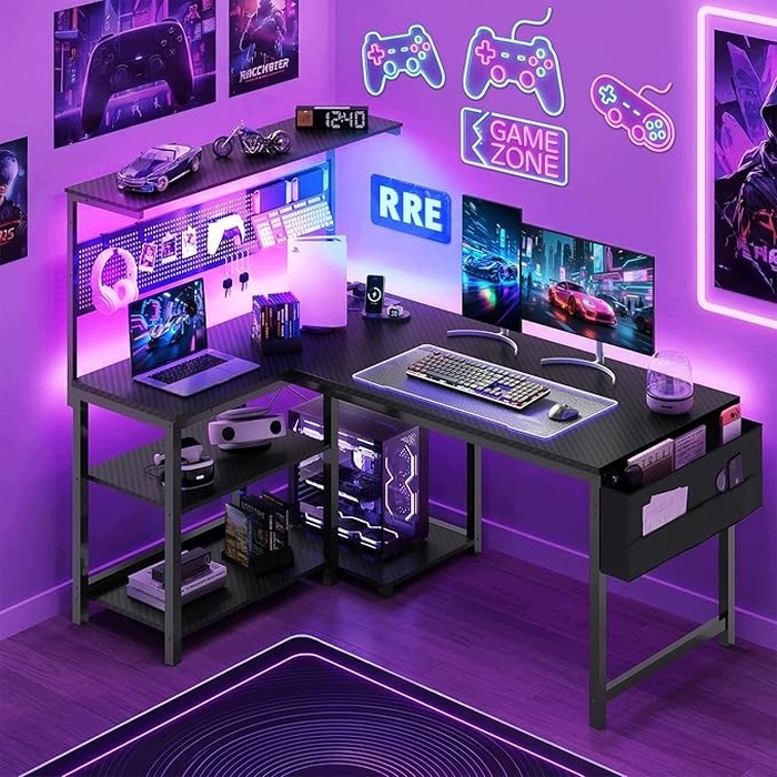 Ігровий кутовий стіл з RGB LED-підсвіткою, полицею та підставкою для ПК, 120x80 см