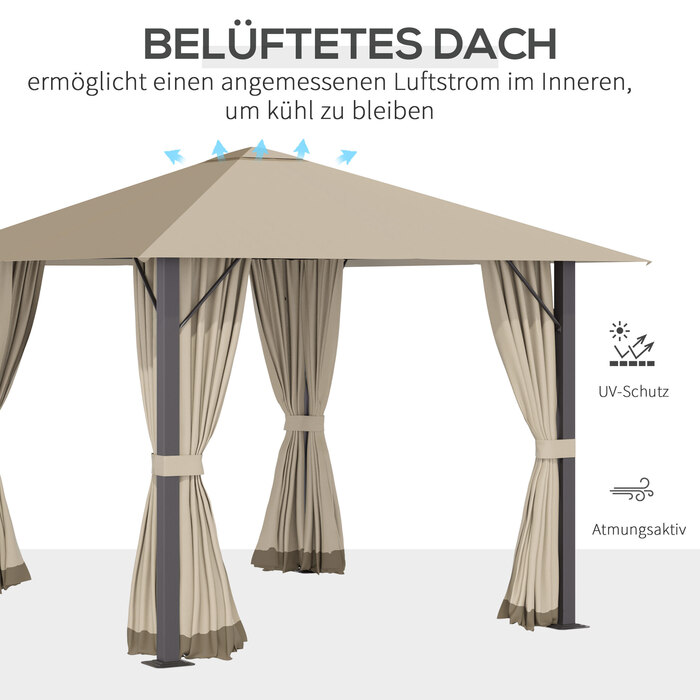 OUTSUNNY Garden Pavilion 3x3m with Ventilation Holes, 4 Side Panels, Weather-resistant, Rust-resistant, Made of Aluminum and Polyester, 2.97x2.97x2.6m in Khaki
