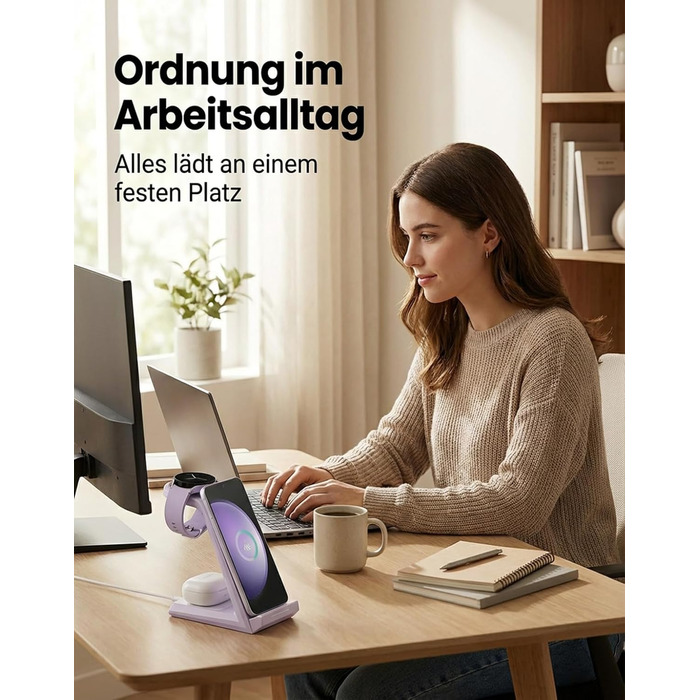 Зарядна станція NANAMI 3-в-1 для Samsung Galaxy Watch, Buds та смартфонів (S25, S24, S23) - бездротова, індукційна, фіолетова