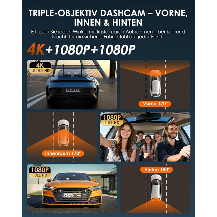 Відеореєстратор iZEEKER 3-канальний 4K з картою 32GB: передній, задній, внутрішній, WiFi 6, нічна зйомка