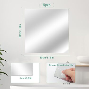 6 дзеркал самоклеючих, 30 x 40 см, акрилові, для стін та шаф, 6 шт.