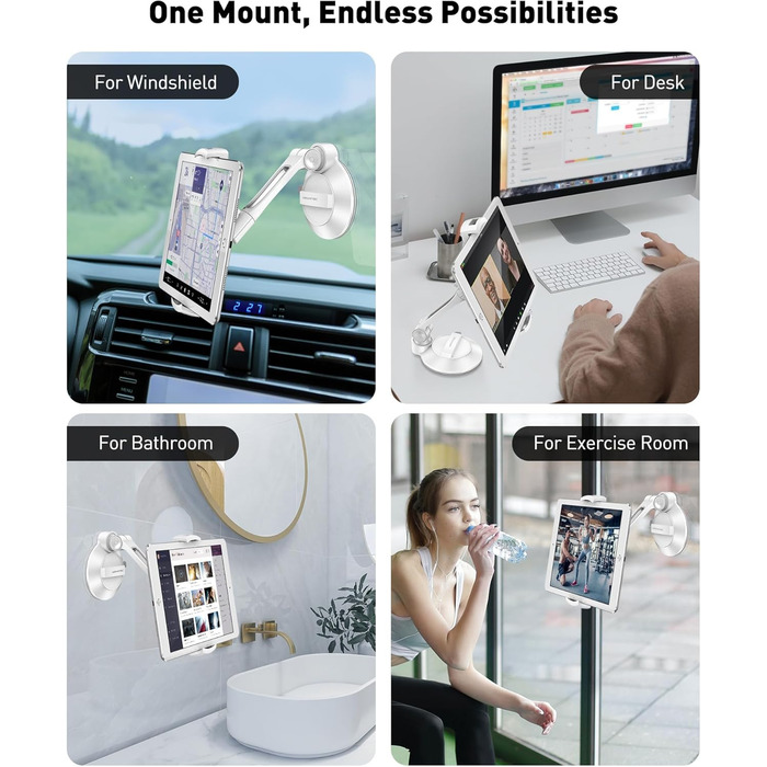 Підставка для планшету та смартфона AboveTEK з присосками, 360° обертання, для iPad/Android (4-11 дюймів), авто/дім/офіс, білий