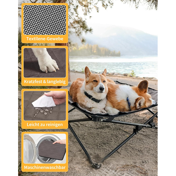 КінгКемп Лежанка для собак - портативна, з дихаючою сіткою та замшевим килимком, чорна, 57x57x23 см (77x77x30 см)