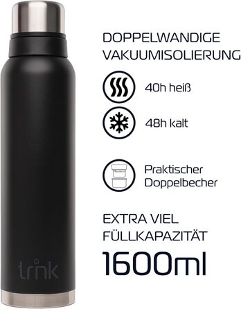 Термос Outdoor TRNK Polar 2 - 1600 мл, нержавіюча сталь, BPA-free, зберігає тепло 40 годин, з 2 чашками, для миття в посудомийній машині (лісовий зелений, матовий нічний чорний)