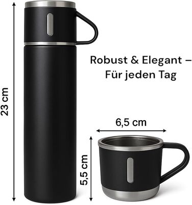 Термофляга 500 мл з нержавіючої сталі – 2 чашки з ручкою – без витоку, BPA-free – з щіткою для чищення – колір: чорний