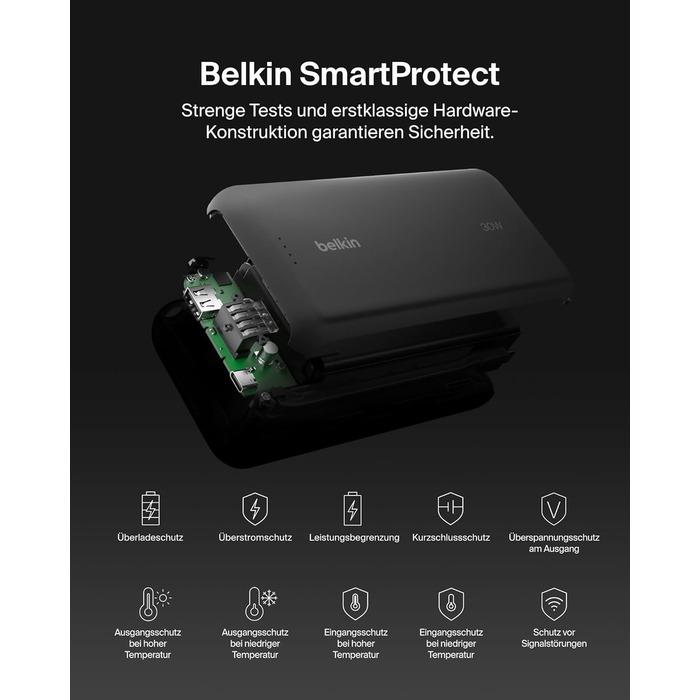 Зовнішній акумулятор Belkin Portable Powerbank 20000 mAh 30W з вбудованим кабелем USB-C PD для iPhone 16, iPad Pro, Samsung Galaxy S25, чорний