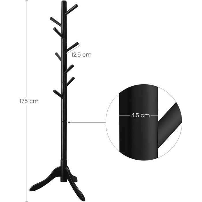 VASAGLE Coat Rack, Solid Wood Clothes Rack, Coat Stand with 8 Hooks, Tree Shape, 3 Adjustable Heights, for Coats, Jackets, Bags, for Entryway, Bedroom, RCR01GY (Black)