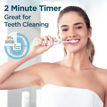 Електрична зубна щітка звукова для дорослих та дітей з 5 режимами, кейсом для подорожей, 8 насадками, акумулятором 60 днів, таймером (Теплий білий)