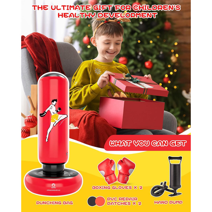 Дитячий боксерський мішок QPAU з рукавичками, 168 см, стабільний надувний боксерський мішок для дітей 6-12 років, подарунок для хлопчиків та дівчаток (Червоний)