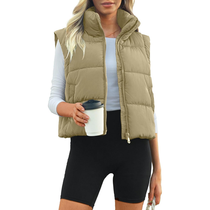 Жіноча укорочена пухова жилетка Polu, хакі, з коміром-стійкою, утеплена, легка, базова (S)