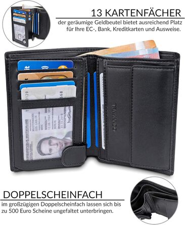 TRAVANDO Men's Wallet Dublin - TÜV certified - 13 card slots - Portrait format - RFID protection - Gift for men - including gift box - Designed in Germany (Black)