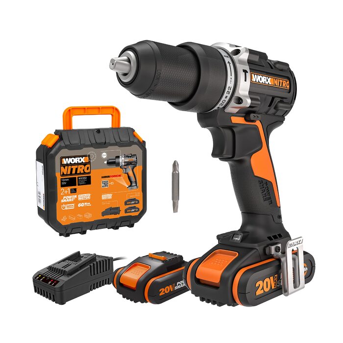 WORX NITRO WX352 Акумуляторний ударний дриль-шуруповерт Set 20V - безщітковий двигун, 60Nm, 2-швидкісна коробка передач, LED-підсвічування, комплект з 2 x 20V 2Ah акумуляторами та 2A зарядним пристроєм