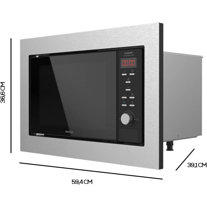 Мікрохвильова піч Cecotec GrandHeat 2350 вбудована, 23 літри, 900 Вт, 6 рівнів потужності, 9 функцій, таймер, сталевий колір