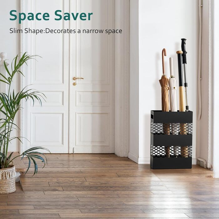 LANDVOI Metal Umbrella Stand - Rectangular, Portable, with Removable Drip Tray - Black
