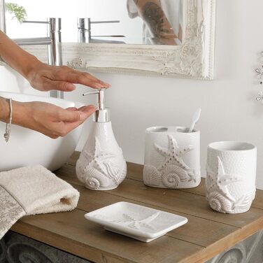Набір для ванної кімнати з кераміки, білий, з візерунком мушлі (4 предмети): дозатор, тримач для зубної щітки, миска та мильниця
