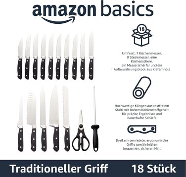 Amazon Basics Premium Knife Block Set, 9-Piece, Black - Includes 18 Knives