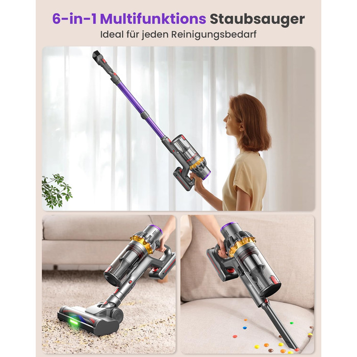 Бездротовий акумуляторний пилосос MAUOKE 45000Pa з LED-дисплеєм та V-подібною насадкою, 6-в-1 для дому, килимів, твердих поверхонь та видалення шерсті тварин