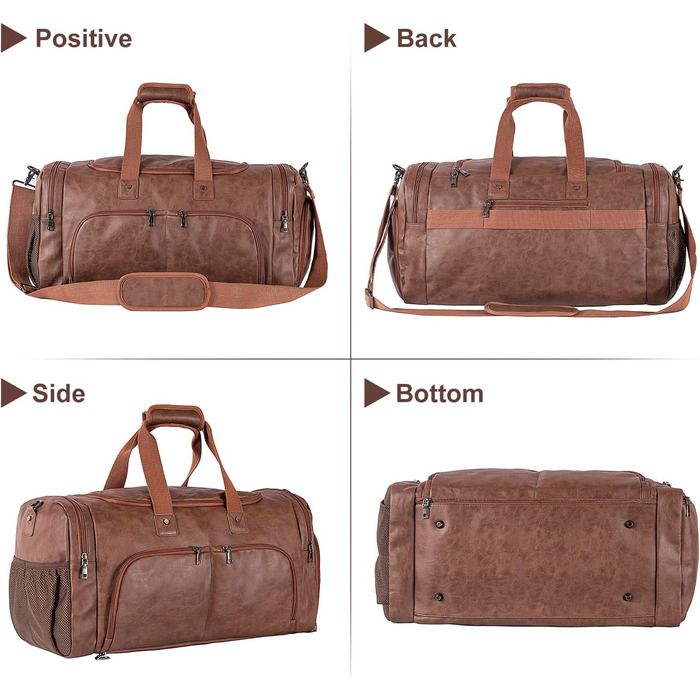 Duffle bag with shoe bag, overnight bag, leather oversized weekend bag, large carry-on bag, duffel bag for women and men ([H]brown)