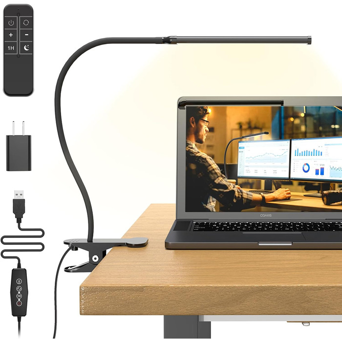 Лампа настільна LED Mojimdo 77 з пультом ДУ, 40 см, 3 кольори, 5 рівнів яскравості, гнучкий штатив, USB-зарядка, чорний